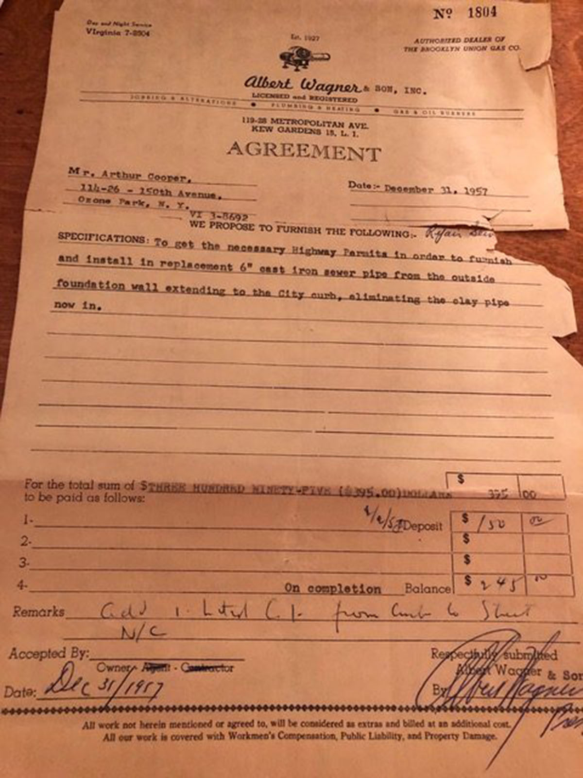 A plumbing bill form 1957 for sewer work.