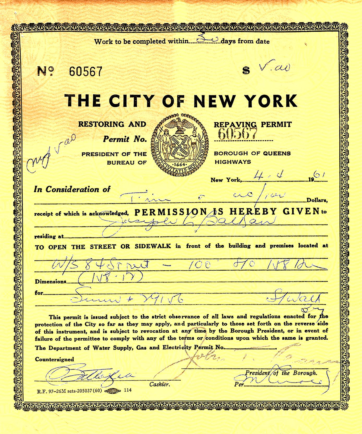 A NYC DOT permit from 1961.