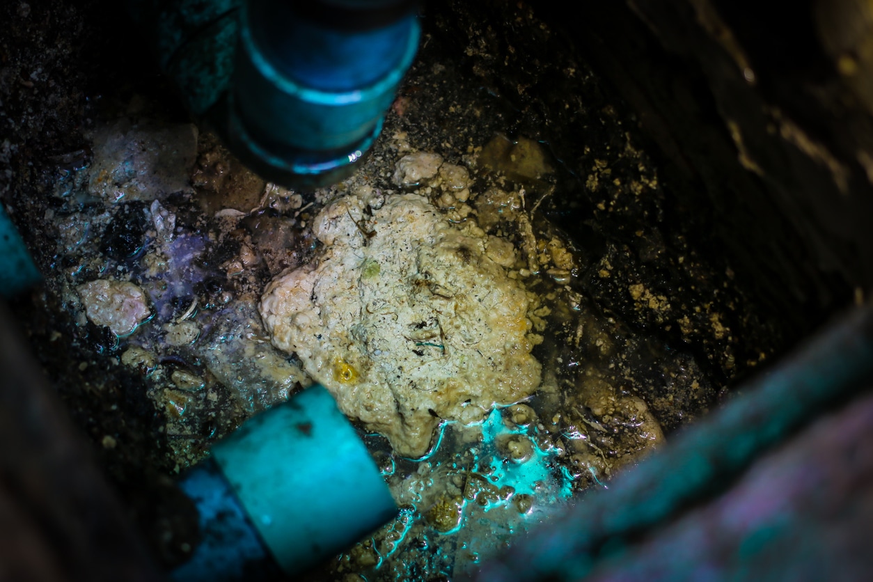 A clogged sewer stack showing lumps of fat, oil, and grease.