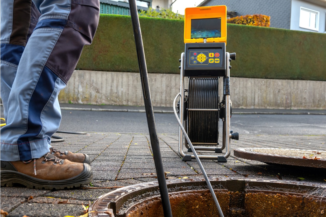 Inspecting tree roots in sewer lines - A plumber using a sewer camera equipment to inspect a home's sewer line.