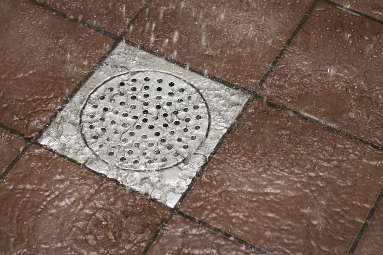 A clogged bathroom shower drain with water pooling up.