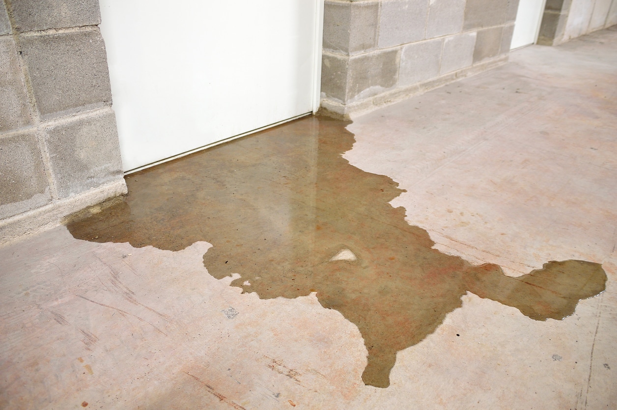 Basement drain backing up - water flooding a floor in a home's basement.