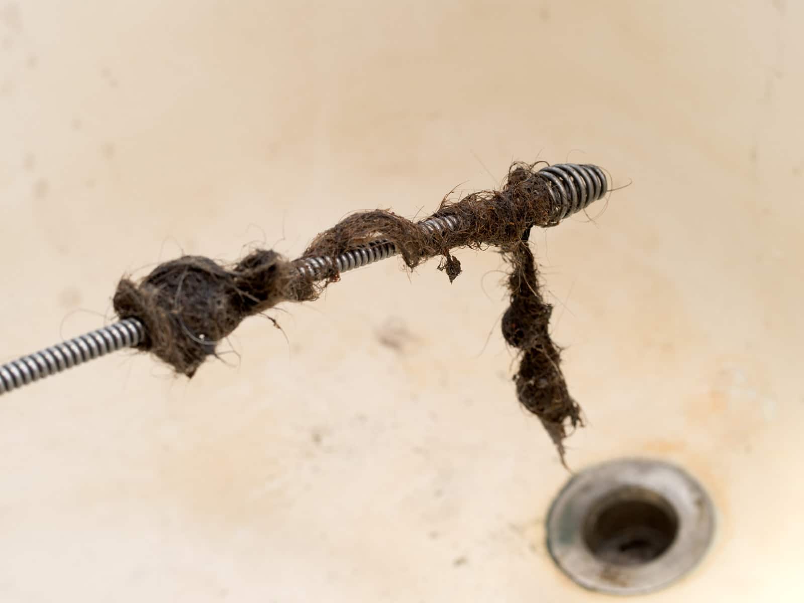 A sink drain auger covered with debris from a clogged sink. 